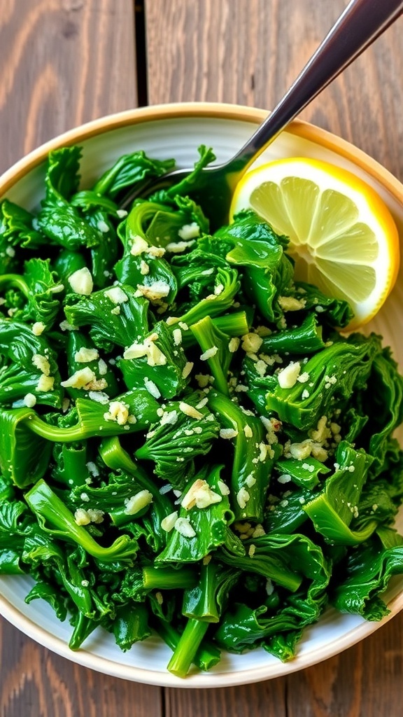 A plate of sautéed kale with garlic and lemon, garnished with a lemon slice, on a rustic table.